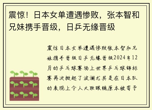 震惊！日本女单遭遇惨败，张本智和兄妹携手晋级，日乒无缘晋级